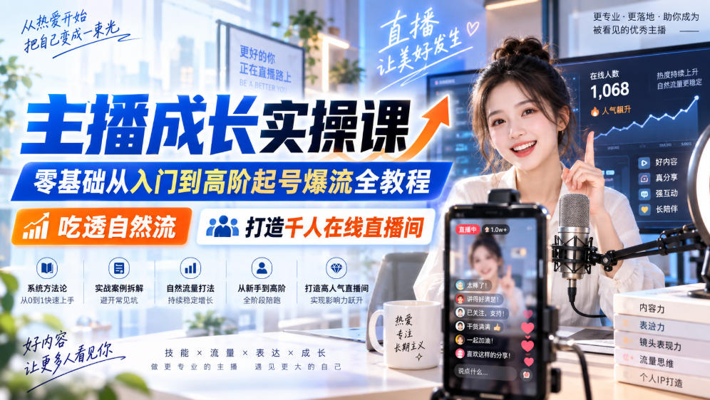 主播成长实操课|零基础从入门到高阶起号爆流全教程,吃透自然流,打造千人在线直播间-驿想项目网