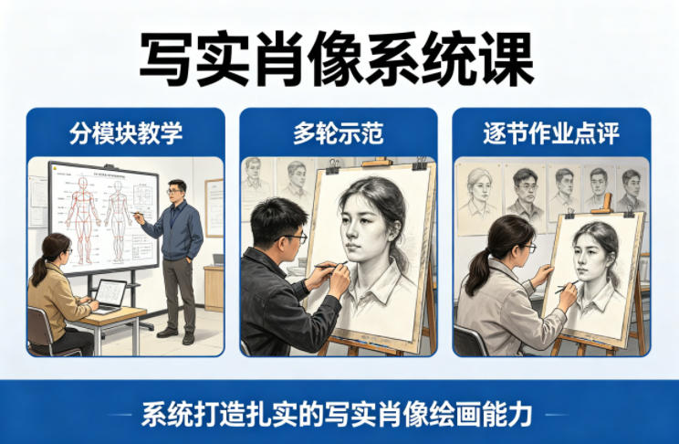 写实肖像系统课，全程分模块教学+多轮示范+逐节作业点评，系统打造扎实的写实肖像绘画能力-驿想项目网