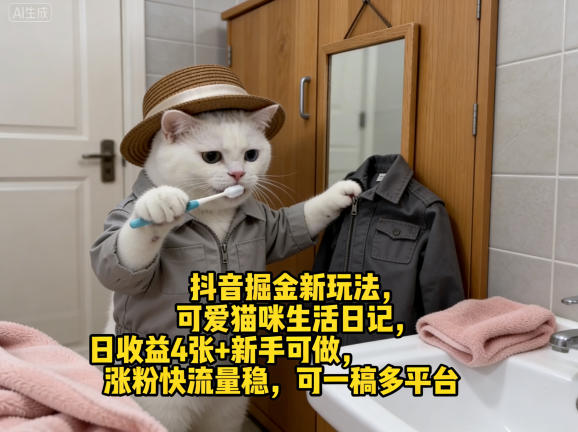 抖音掘金新玩法，可爱猫咪生活日记，日收益4张+新手可做，涨粉快流量稳，可一稿多平台-驿想项目网
