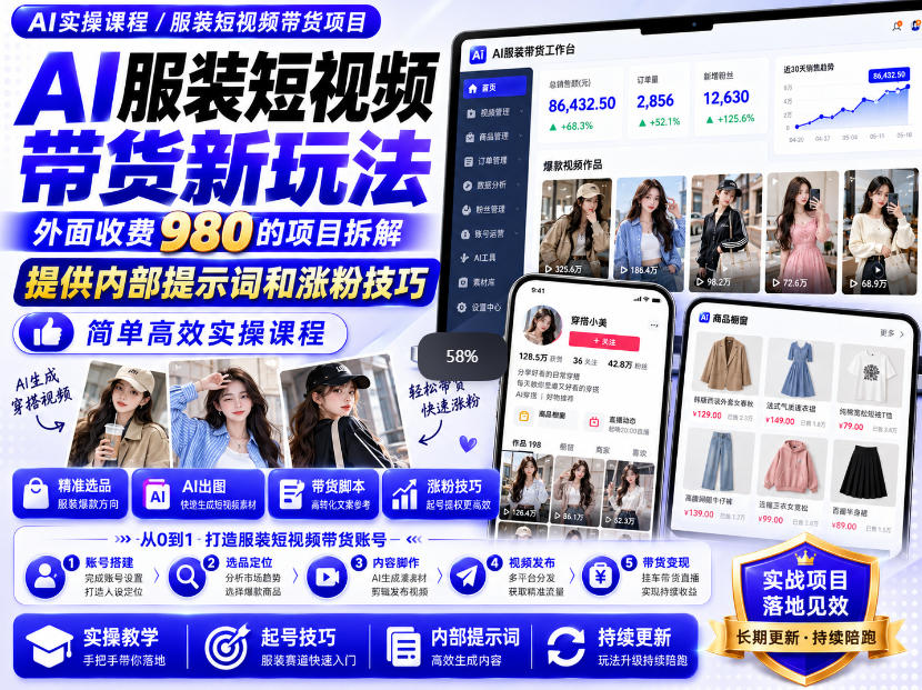 外面收费980AI快手带货系统课程,内部课程首次外放,操作简单高效,一分钟一条爆款视频-驿想项目网