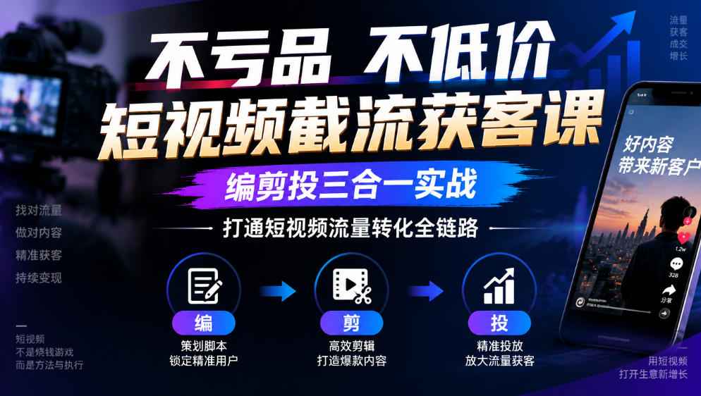 不亏品不低价短视频截流获客课，编剪投三合一实战，打通短视频流量转化全链路-驿想项目网