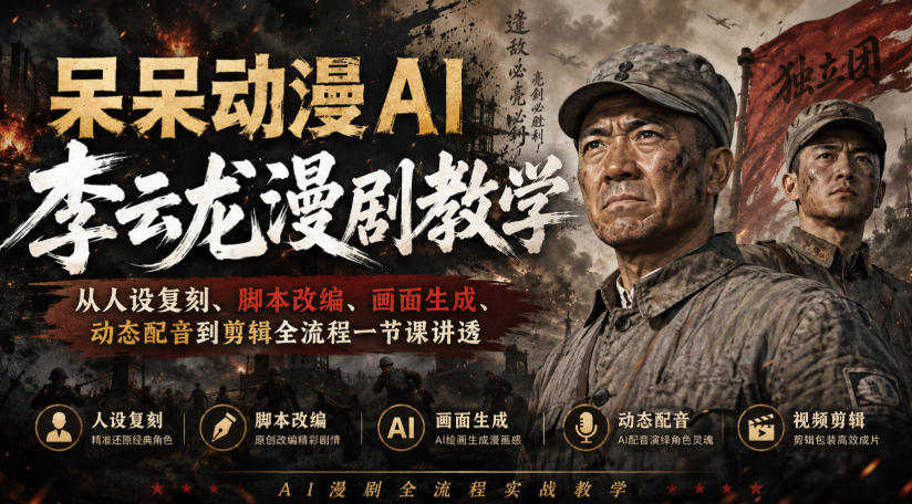 呆呆动漫AI李云龙漫剧教学，从人设复刻、脚本改编、画面生成、动态配音到剪辑全流程一节课讲透-驿想项目网