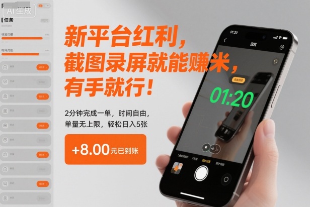 新平台红利，截图录屏就能賺米，有手就行！2分钟完成一单，时间自由，单量无上限，轻松日入5张【揭秘】-驿想项目网