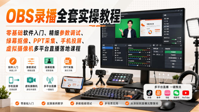 OBS录播全套实操教程｜零基础软件入门、精细参数调试、绿幕抠像、手机投屏、虚拟摄像机多平台直播落地课程-驿想项目网