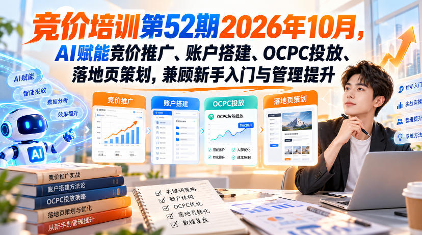 【无水印】竞价培训第52期2026年10月，AI赋能竞价推广、账户搭建、OCPC投放、落地页策划，兼顾新手入门与管理提升-驿想项目网