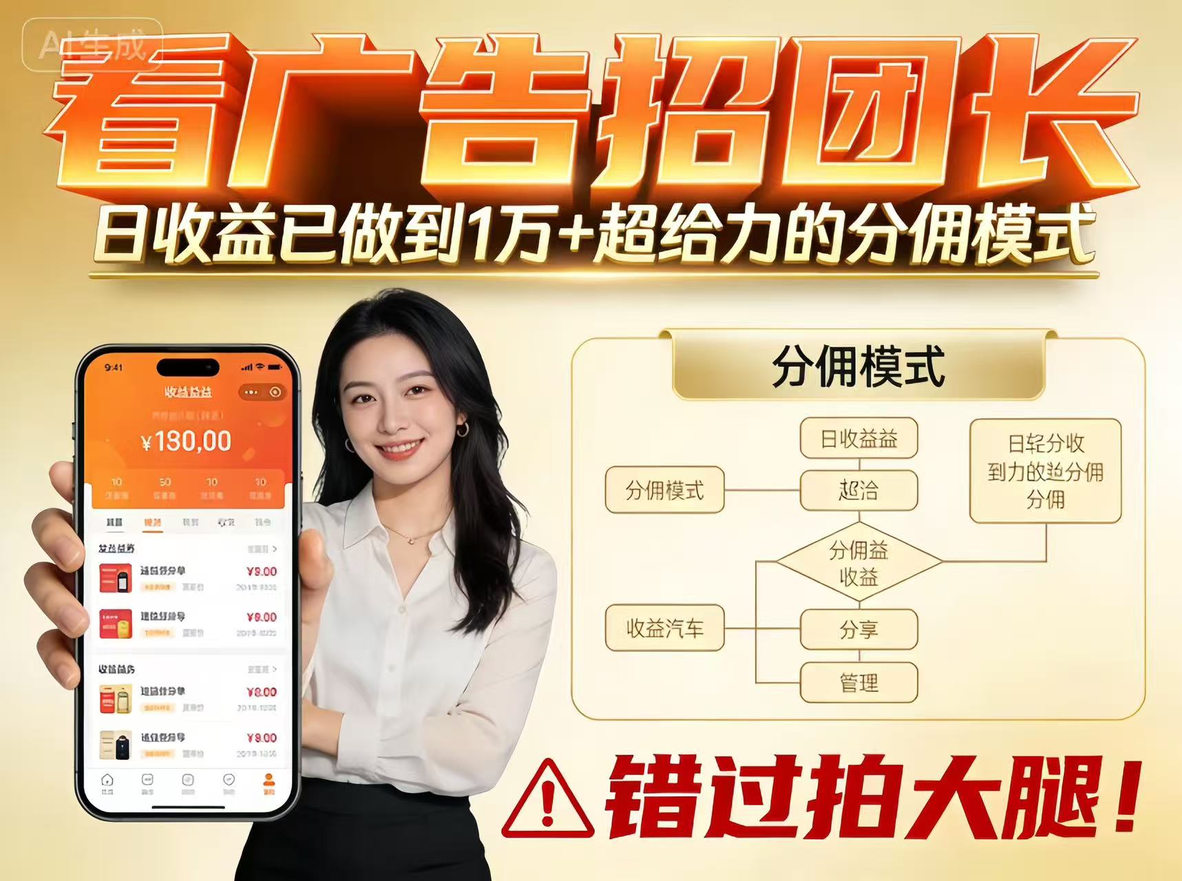 看广告招团长,团队收益已做到日入1万,分佣模式超给力,错过拍大腿-驿想项目网