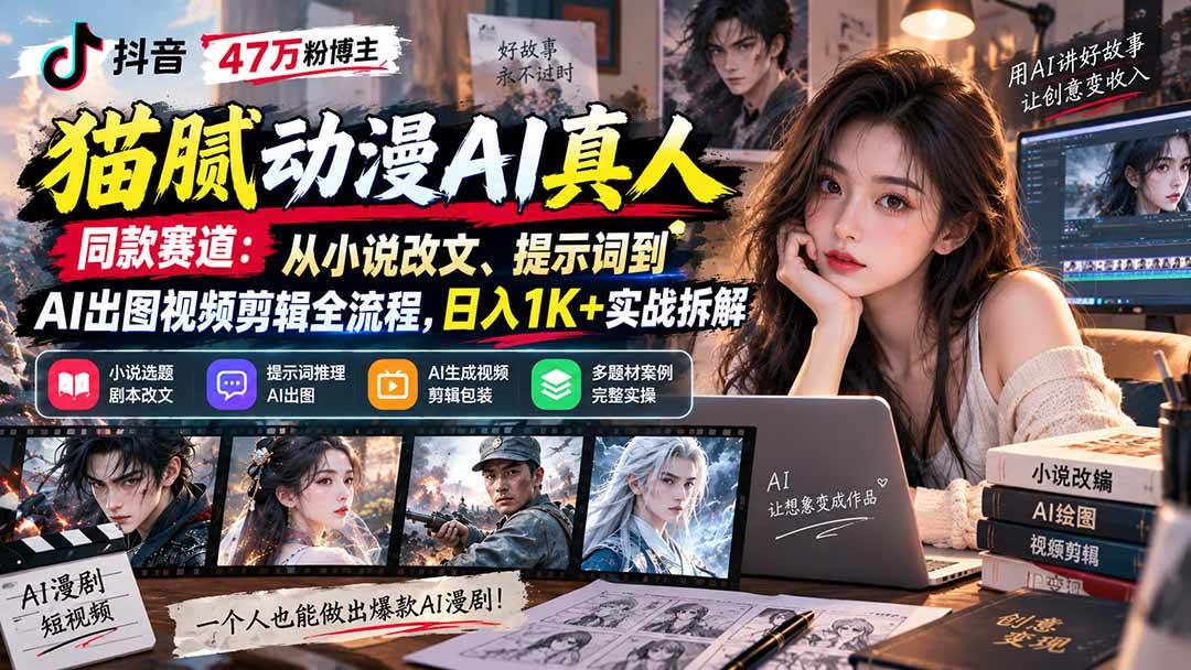 （20524期）抖音47万粉博主猫腻动漫AI真人同款赛道：从小说改文、提示词到AI出图视频剪辑全流程，日入1K+实战拆解-驿想项目网