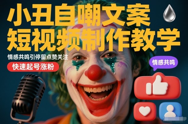 小丑自嘲文案短视频制作教学，情感共鸣引停留点赞关注，快速起号涨粉-驿想项目网