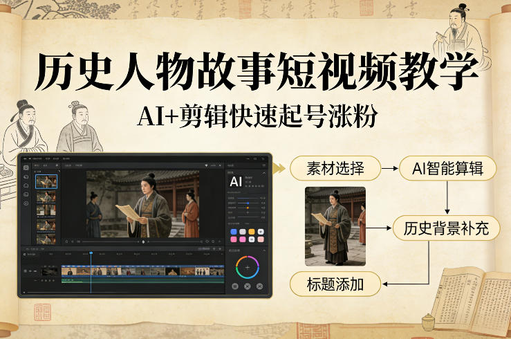 历史人物故事短视频教学，AI+剪辑制作历史人物题材短视频，快速起号涨粉-驿想项目网