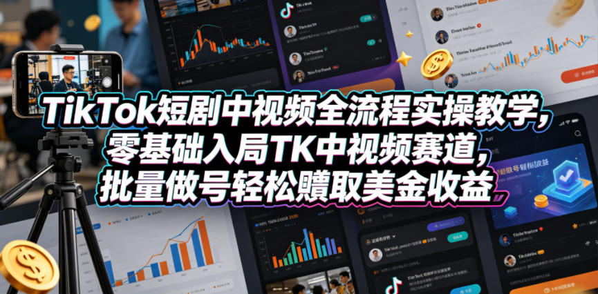 TikTok短剧中视频全流程实操教学，零基础入局TK中视频赛道，批量做号轻松賺取美金收益-驿想项目网