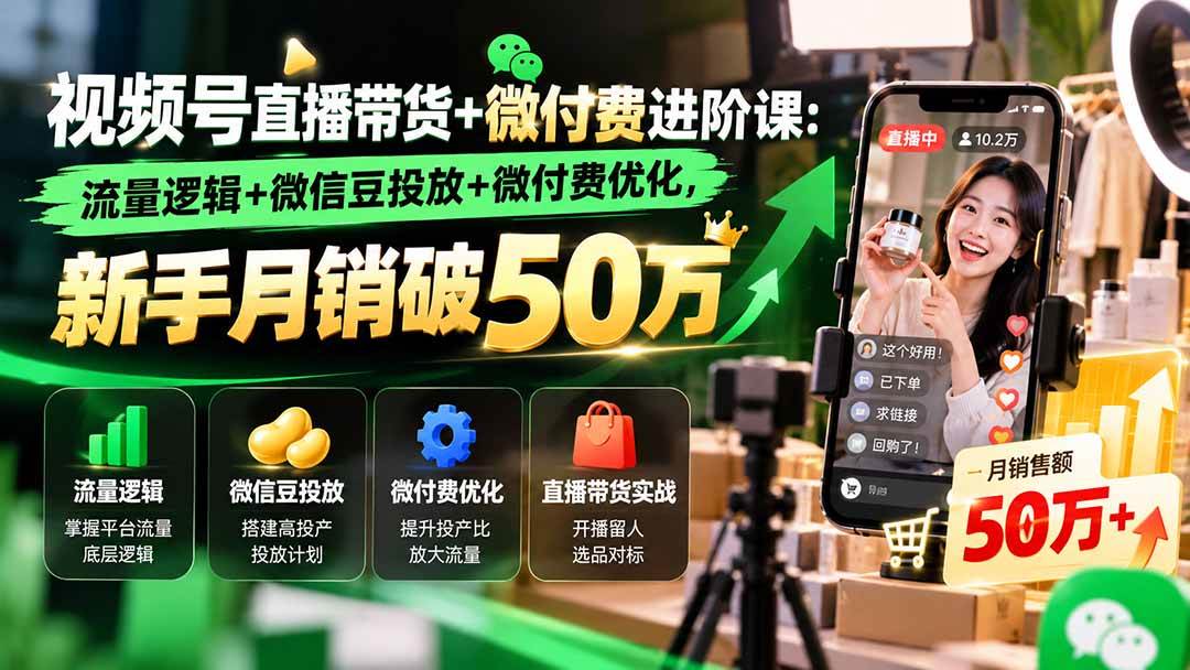 （20886期）视频号直播带货+微付费进阶课-更新1010：流量逻辑+微信豆投放+微付费优化，新手月销破50万-驿想项目网