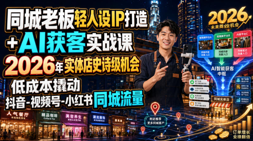同城老板轻人设IP打造+AI获客实战课,2026年实体店史诗级机会,低成本撬动抖音-视频号-小红书同城流量 同城老板轻人设IP打造+AI获客实战课,2026年实体店史诗级机会,低成本撬动抖音-视频号-小红书同城流量