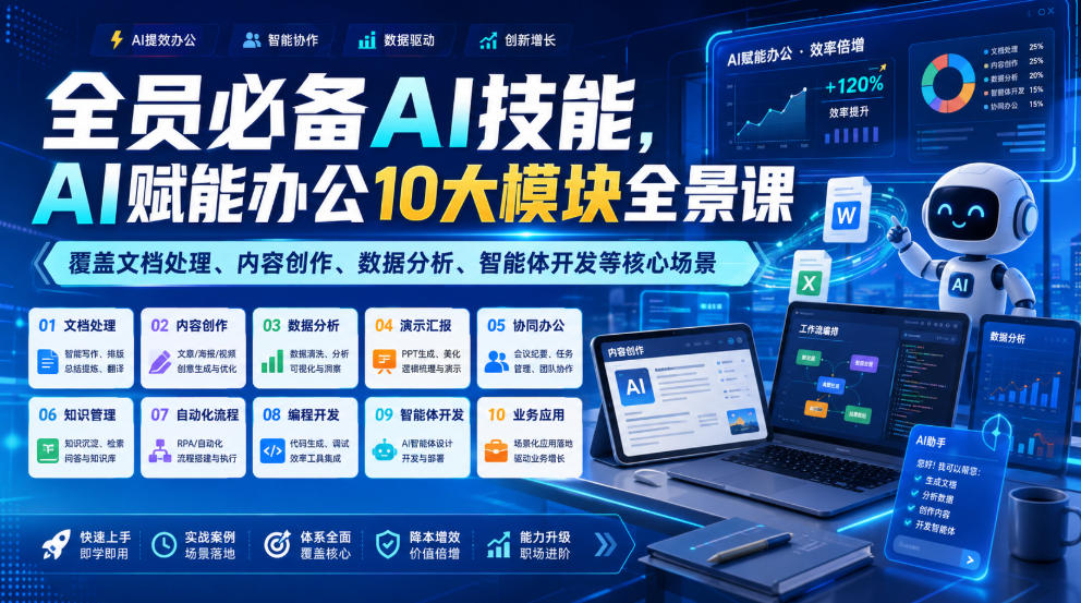 全员必备AI技能，AI赋能办公10大模块全景课，覆盖文档处理、内容创作、数据分析、智能体开发等核心场景-驿想项目网
