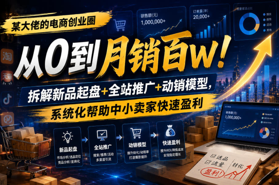 某大佬的电商创业圈从0到月销百W!拆解新品起盘+全站推广+动销模型,系统化帮助中小卖家快速盈利-驿想项目网