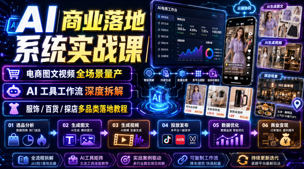 AI商业落地系统实战课|电商图文视频全场景量产・AI工具工作流深度拆解・服饰/百货/探店多品类落地教程-驿想项目网