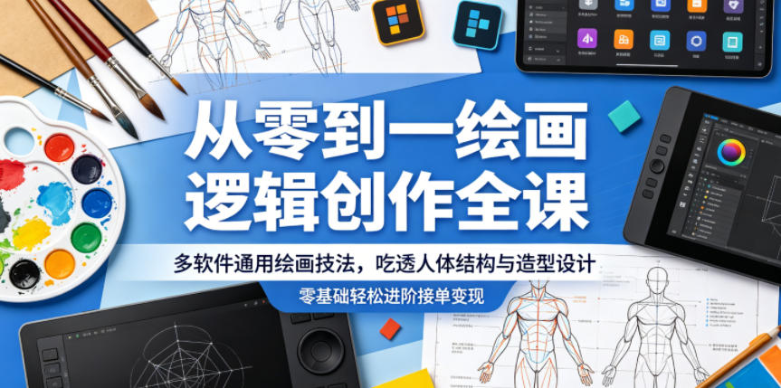 从零到一绘画逻辑创作全课，多软件通用绘画技法，吃透人体结构与造型设计，零基础轻松进阶接单变现-驿想项目网