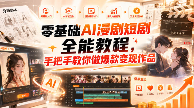 零基础AI漫剧短剧全能教程，从AI智能体搭建、文案脚本分镜、多平台AI生视频、剪映精修，覆盖全题材创作，手把手教你做爆款变现作品-驿想项目网