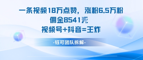 一条视频18W点赞，涨粉6.5W粉佣金8541米，视频号+抖音=王炸-驿想项目网