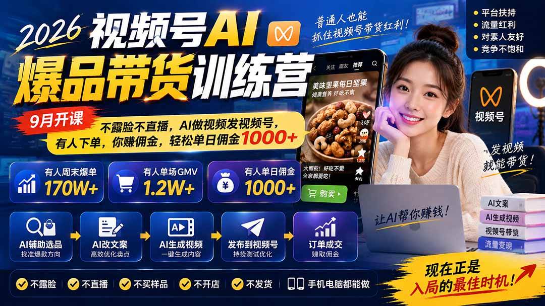 （20537期）2026视频号AI爆品带货训练营-9月开课｜不露脸不直播，AI做视频发视频号，有人下单，你赚佣金，轻松单日佣金1000+-驿想项目网