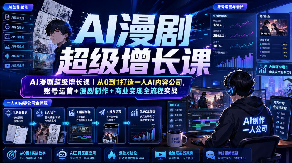 AI漫剧超级增长课|从0到1打造一人AI内容公司,账号运营+漫剧制作+商业变现全流程实战-驿想项目网