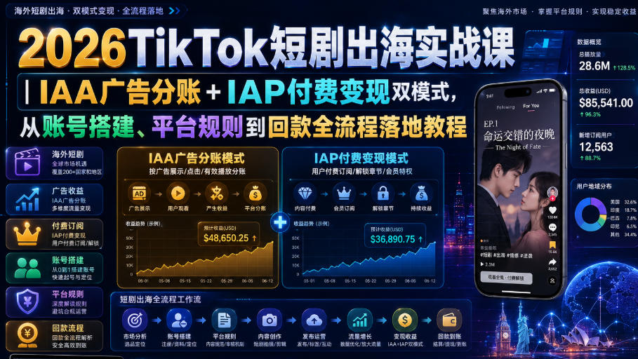 2026TikTok短剧出海实战课|IAA广告分账+IAP付费变现双模式,从账号搭建、平台规则到回款全流程落地教程-驿想项目网