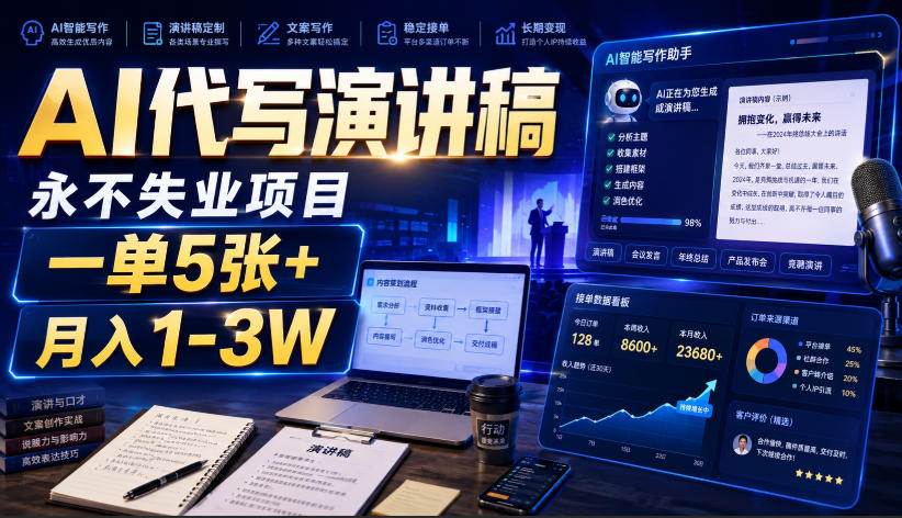 AI代写演讲稿，永不失业项目，一单5张+，月入1-3W【揭秘】-驿想项目网