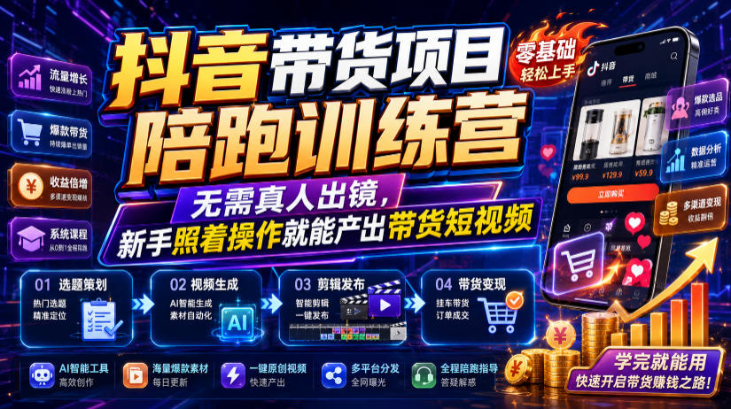 抖音带货项目陪跑训练营，无需真人出镜，新手照着操作就能产出带货短视频-驿想项目网