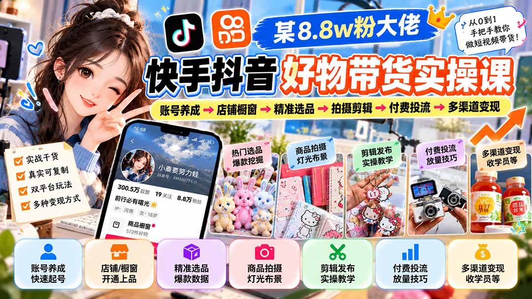 （20733期）某8.8w粉大佬快手抖音好物带货实操课：账号养成→店铺橱窗→精准选品→拍摄剪辑→付费投流→多渠道变现-驿想项目网