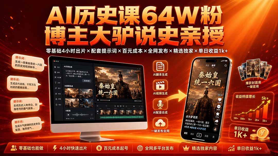 （19557期）AI历史课64W粉博主大驴说史亲授：零基础4小时出片×配套提示词×百元成本×全网发布×精选独家×单日收益1k+-驿想项目网