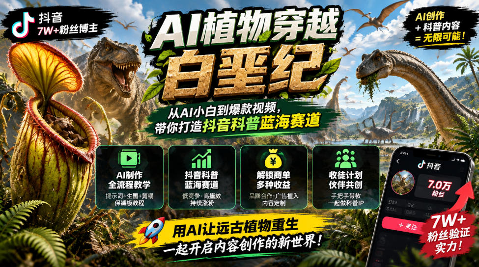抖音7W粉丝博主的AI植物穿越白垩纪教学，抖音科普蓝海赛道，解锁商单收徒伙伴计划等多种收益-驿想项目网