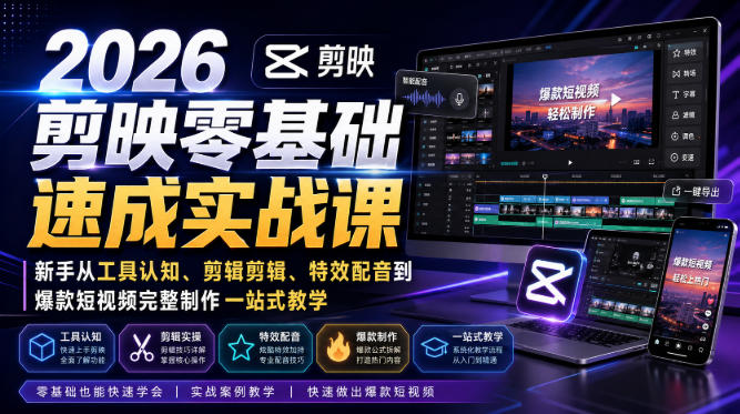 2026剪映零基础速成实战课|新手从工具认知、剪辑剪辑、特效配音到爆款短视频完整制作一站式教学-驿想项目网