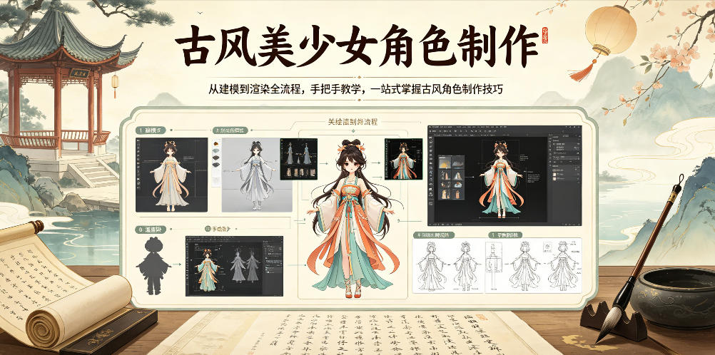 古风美少女角色制作，从建模到渲染全流程，手把手教学，一站式掌握古风角色制作技巧-驿想项目网