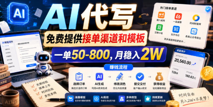 AI代写,免费提供接单渠道和模板,一单50-800,月稳入2W【揭秘】-驿想项目网