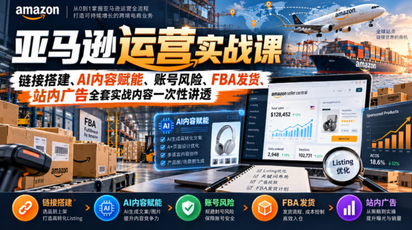 亚马逊运营实战课，链接搭建、AI内容赋能、账号风险、FBA发货、站内广告全套实战内容一次性讲透-驿想项目网