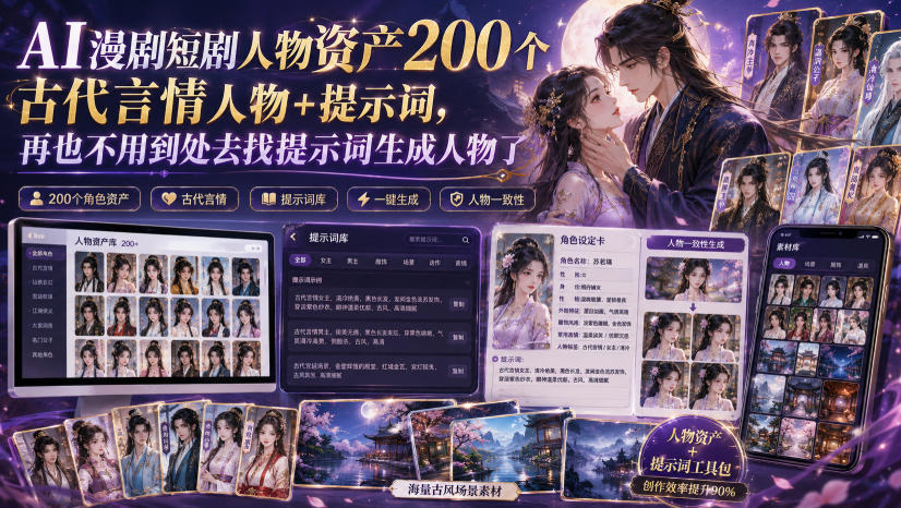 AI漫剧短剧人物资产200个古代言情人物+提示词，再也不用到处去找提示词生成人物了-驿想项目网