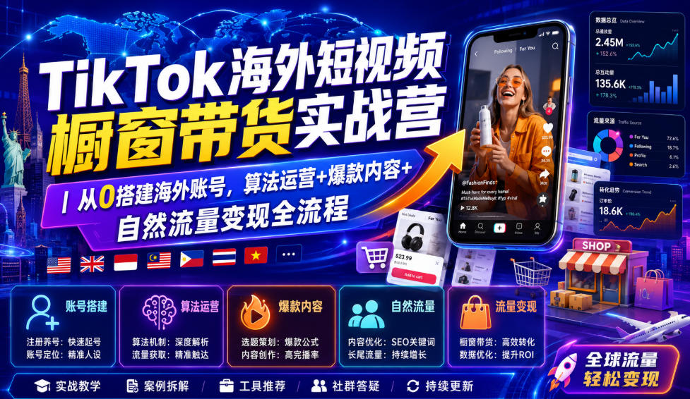 TikTok海外短视频橱窗带货实战营｜从0搭建海外账号，算法运营+爆款内容+自然流量变现全流程-驿想项目网