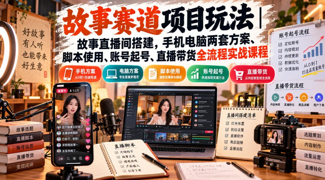 故事赛道项目玩法｜故事直播间搭建，手机电脑两套方案、脚本使用、账号起号、直播带货全流程实战课程-驿想项目网
