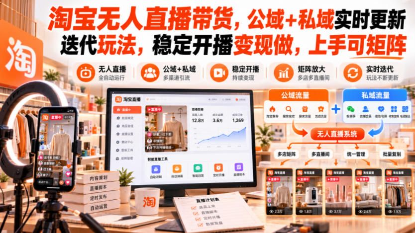 淘宝无人直播带货，公域+私域实时更新迭代玩法，稳定开播变现做，上手可矩阵【揭秘】-驿想项目网