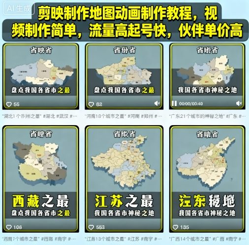 剪映制作地图动画制作教程，视频制作简单，流量高起号快，伙伴单价高-驿想项目网