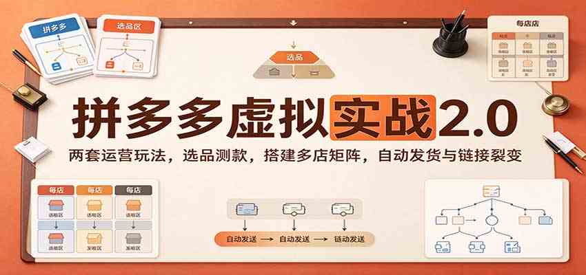拼多多虚拟实战2.0：两套运营玩法，选品测款，搭建多店矩阵，自动发货与链接裂变-驿想项目网