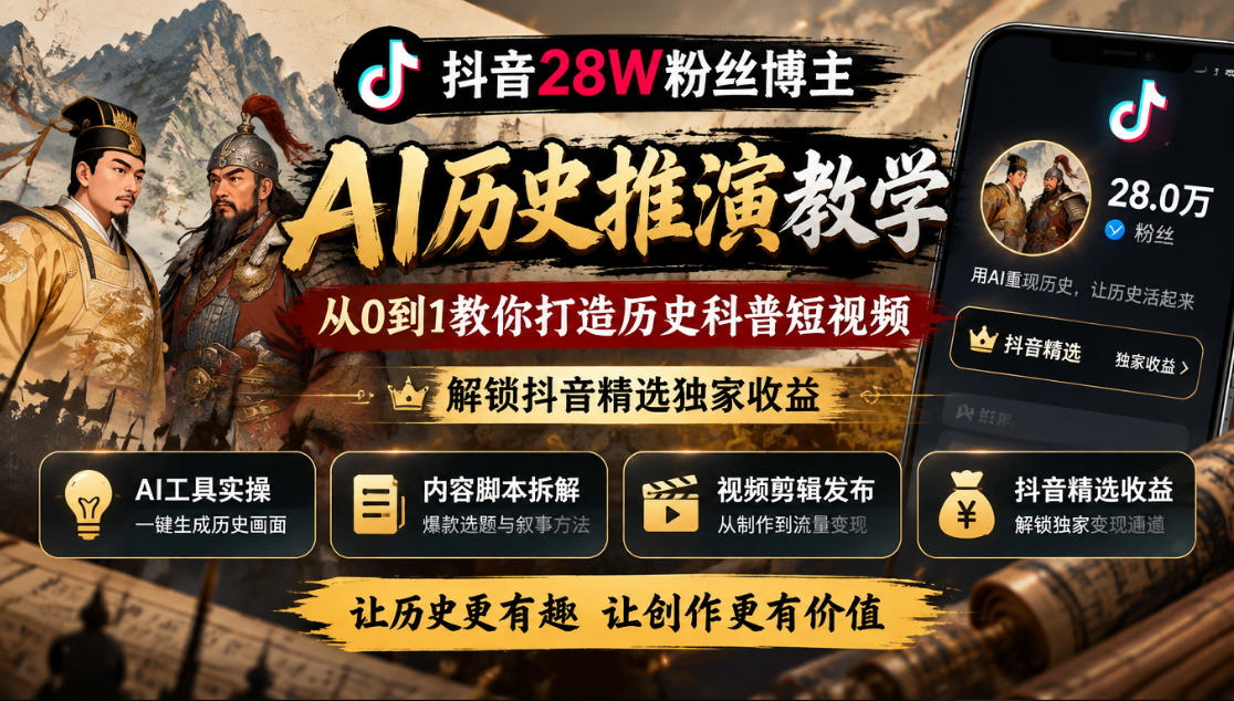 抖音28W粉丝博主的AI历史推演教学，从0到1教你打造历史科普短视频，解锁抖音精选独家收益-驿想项目网