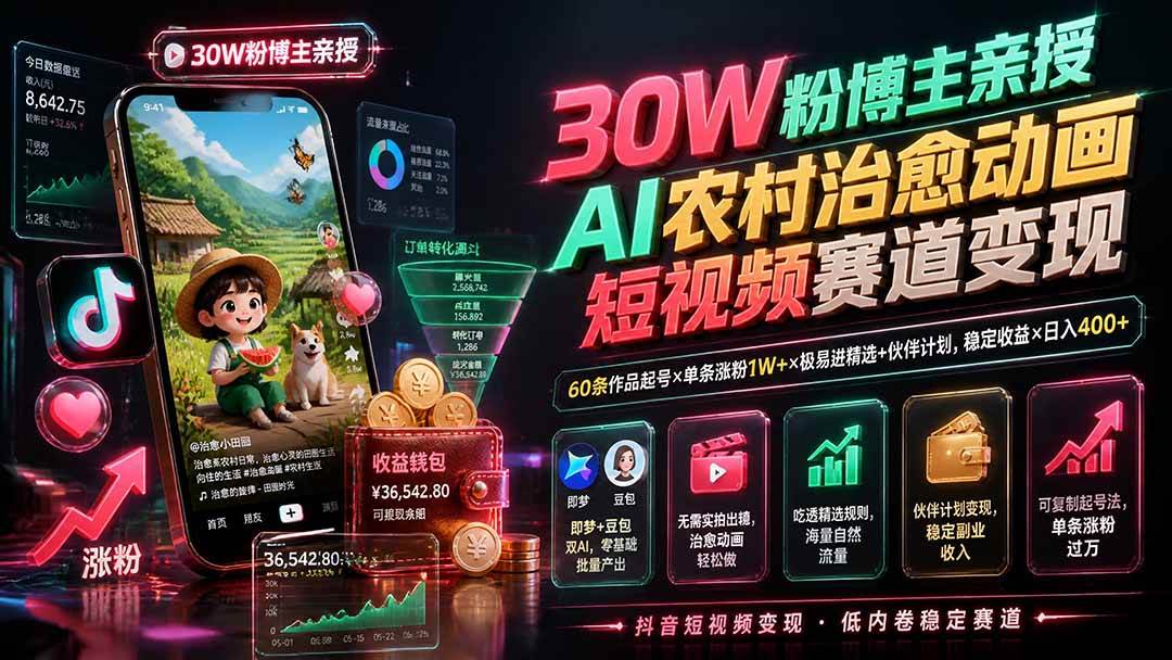 （19648期）30W粉博主亲授AI农村治愈动画短视频赛道变现：60条作品起号×单条涨粉1W+×极易进精选+伙伴计划，稳定收益×日入400+-驿想项目网