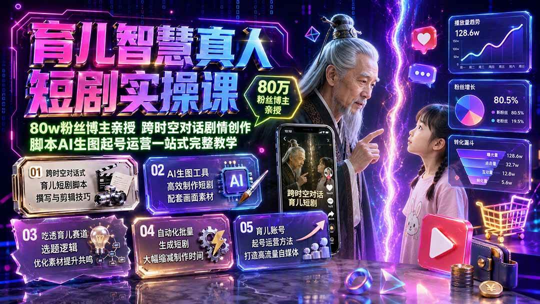 （19663期）育儿智慧真人短剧实操课｜80w粉丝博主亲授，跨时空对话剧情创作，脚本AI生图起号运营一站式完整教学-驿想项目网