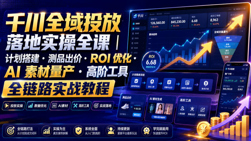 千川全域投放落地实操全课｜计划搭建・测品出价・ROI优化・AI素材量产・高阶工具全链路实战教程-驿想项目网