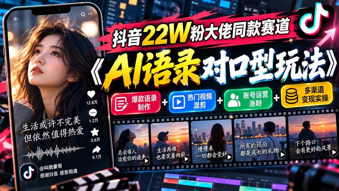 （20990期）抖音22W粉大佬同款赛道《AI语录对口型玩法》：爆款语录制作+热门视频混剪+账号运营涨粉+多渠道变现实操-驿想项目网