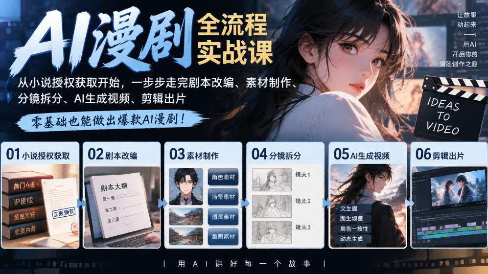 AI漫剧全流程实战课｜从小说授权获取开始，一步步走完剧本改编、素材制作、分镜拆分、AI生成视频、剪辑出片全流程-驿想项目网