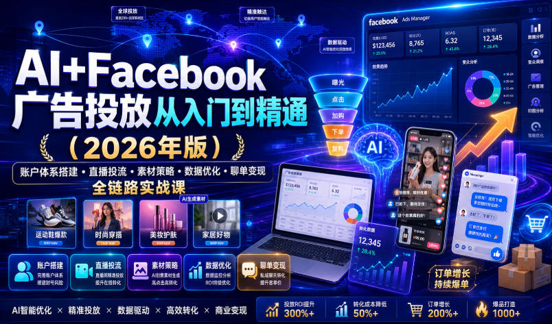 AI+Facebook广告投放从入门到精通（2026年版）｜账户体系搭建・直播投流・素材策略・数据优化・聊单变现全链路实战课-驿想项目网