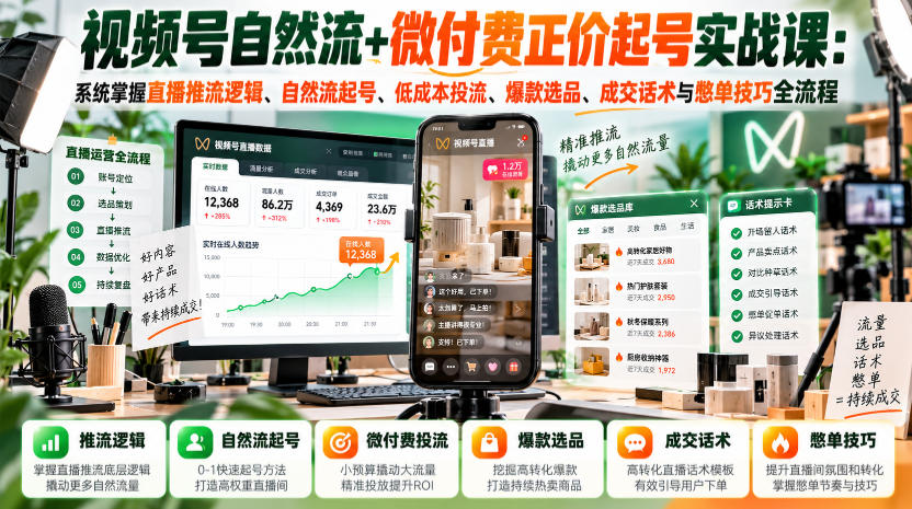 视频号自然流+微付费正价起号实战课：系统掌握直播推流逻辑、自然流起号、低成本投流、爆款选品、成交话术与憋单技巧全流程-驿想项目网